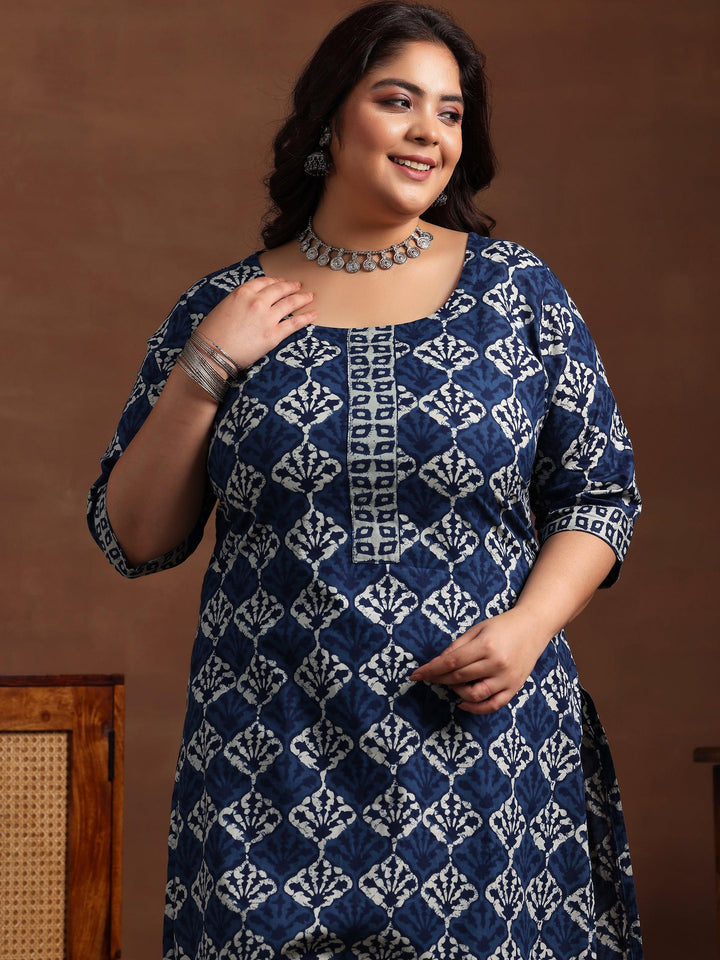 Plus Size Blue Printed Cotton Straight Suit With Dupatta - Libas