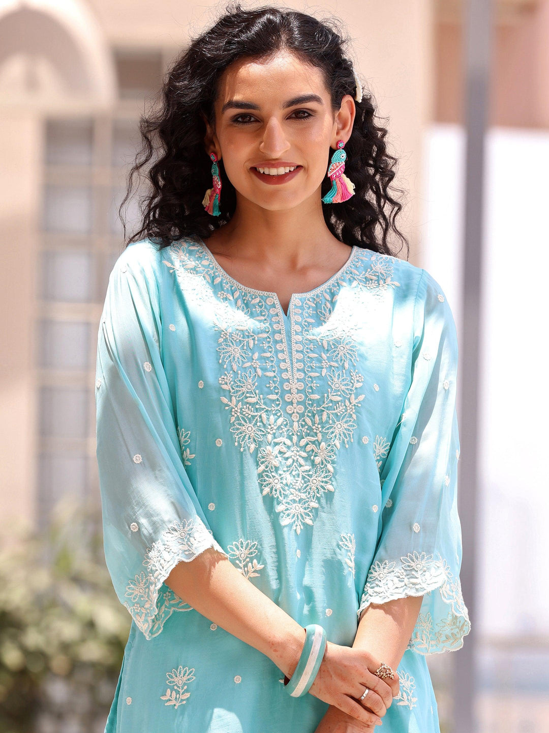 Turquoise Embroidered Silk Blend Co-Ords - Libas