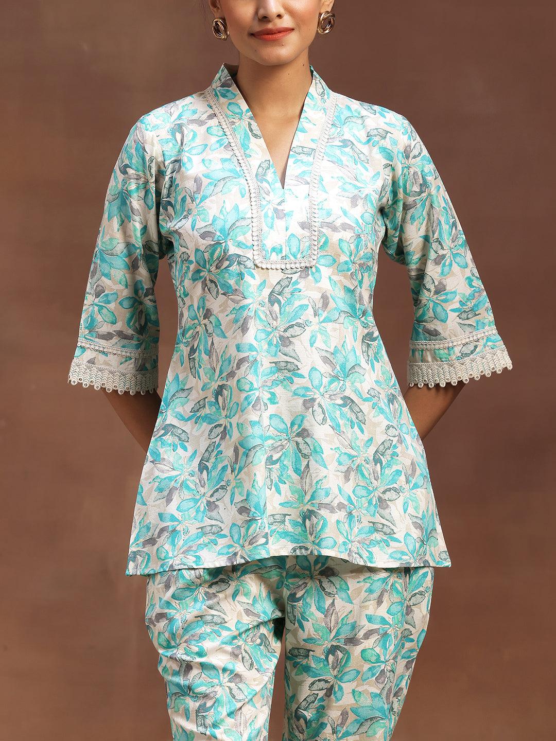 Turquoise Printed Cotton Blend Co-Ords - Libas 