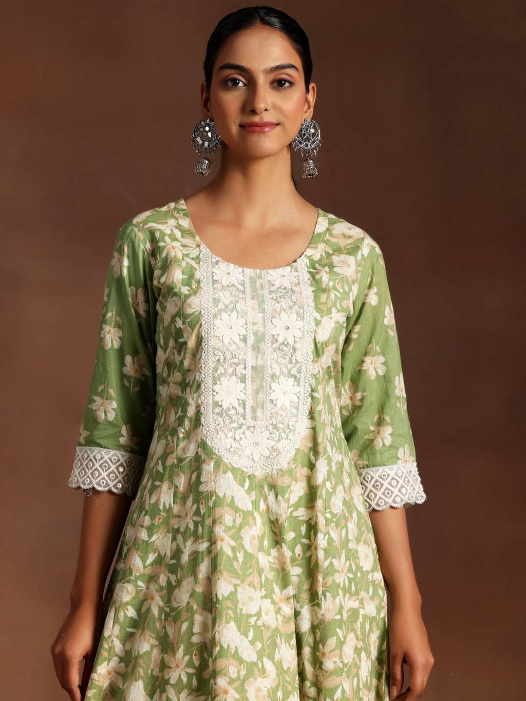 Green Printed Cotton A-Line Kurta With Trousers & Dupatta - Libas 