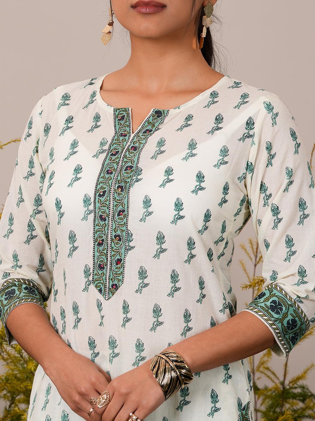 Off White Printed Cotton Straight Suit With Dupatta - Libas 