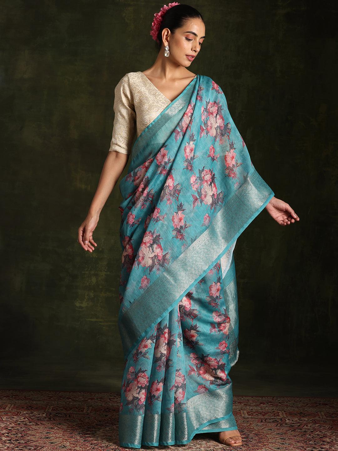 Rama Green Printed Silk Blend Saree With Unstitched Blouse Piece - Libas