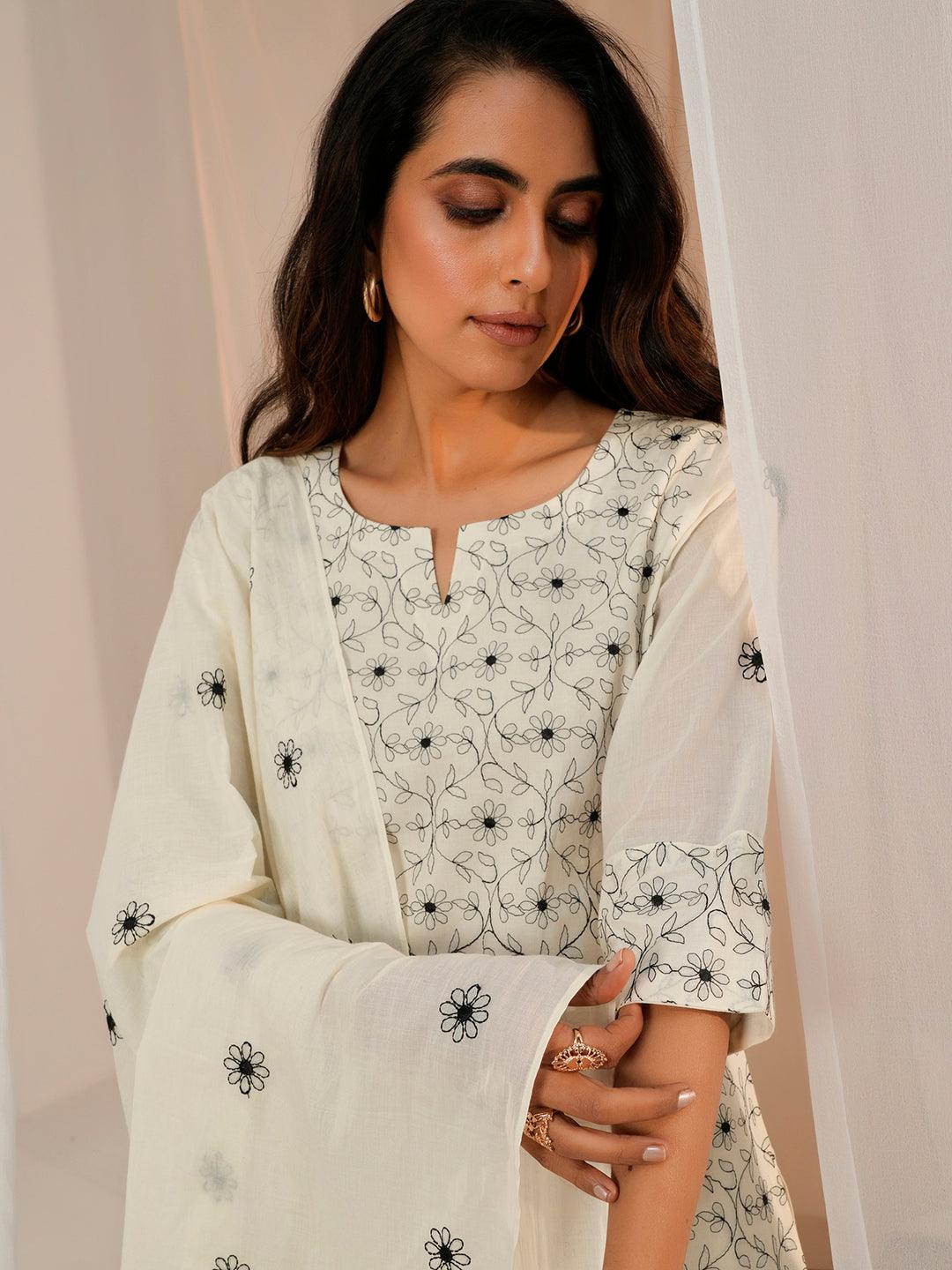 Off White Embroidered Cotton Straight Suit With Dupatta - Libas 