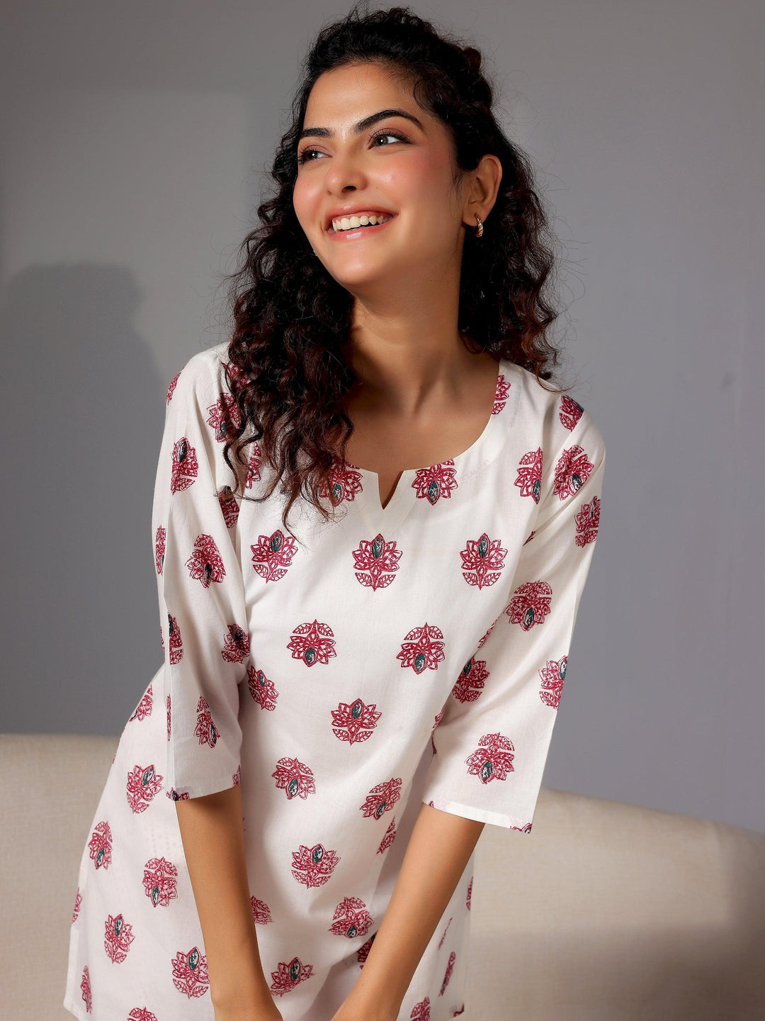 Cream Printed Cotton Night Suits - Libas