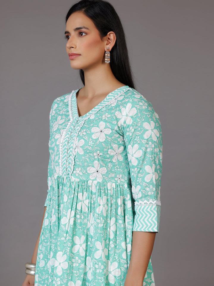 Green Printed Cotton Anarkali Kurta Set - Libas