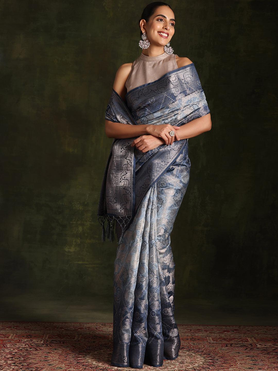 Blue Woven Design Brocade Saree With Unstitched Blouse Piece - Libas