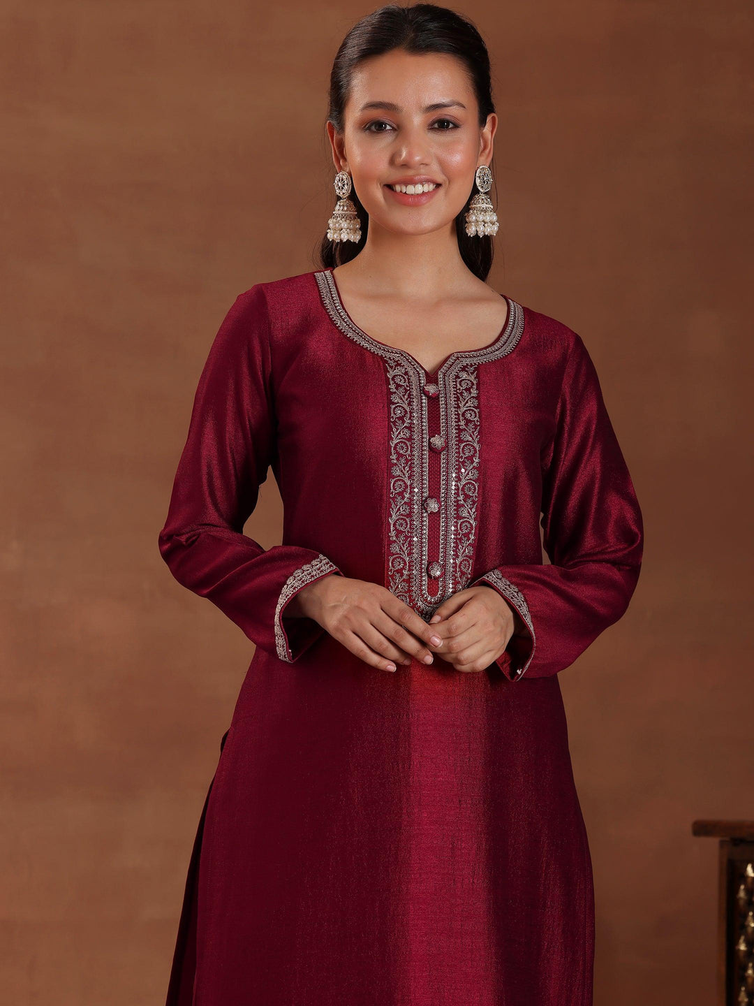 Maroon Embroidered Silk Blend Straight Suit With Dupatta - Libas 