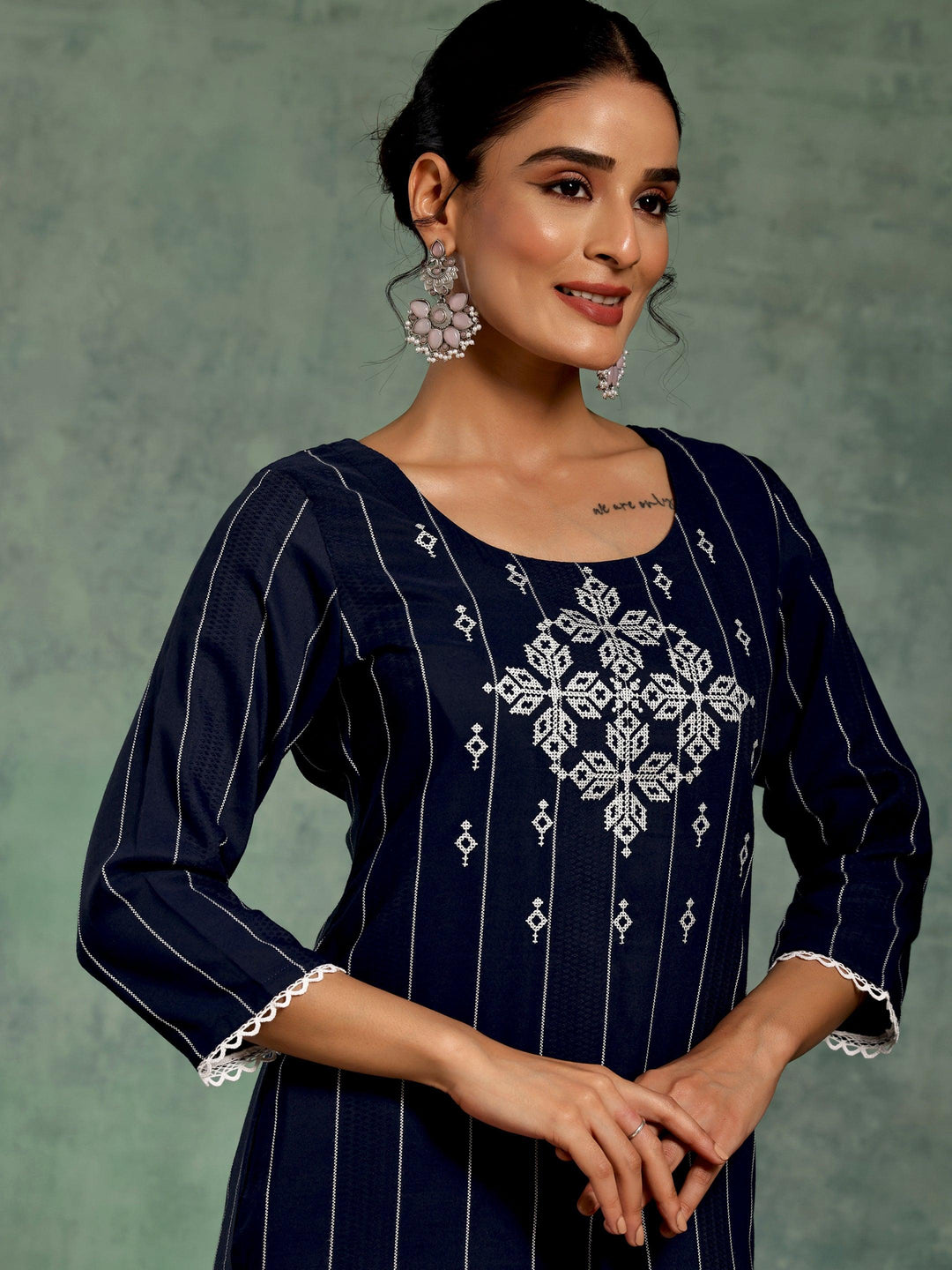 Blue Embroidered Silk Straight Kurta - Libas 