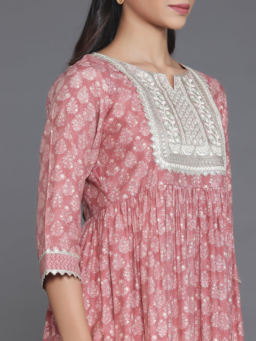 Mauve Printed Silk Blend A-Line Kurta With Palazzos - Libas 