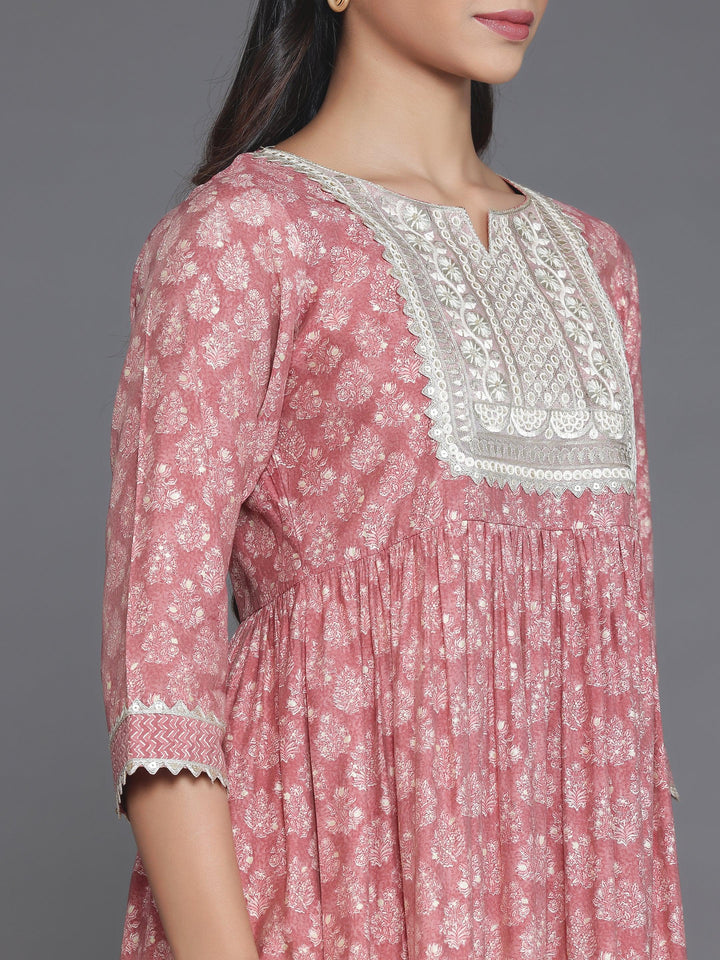 Mauve Printed Silk Blend A-Line Kurta With Palazzos - Libas