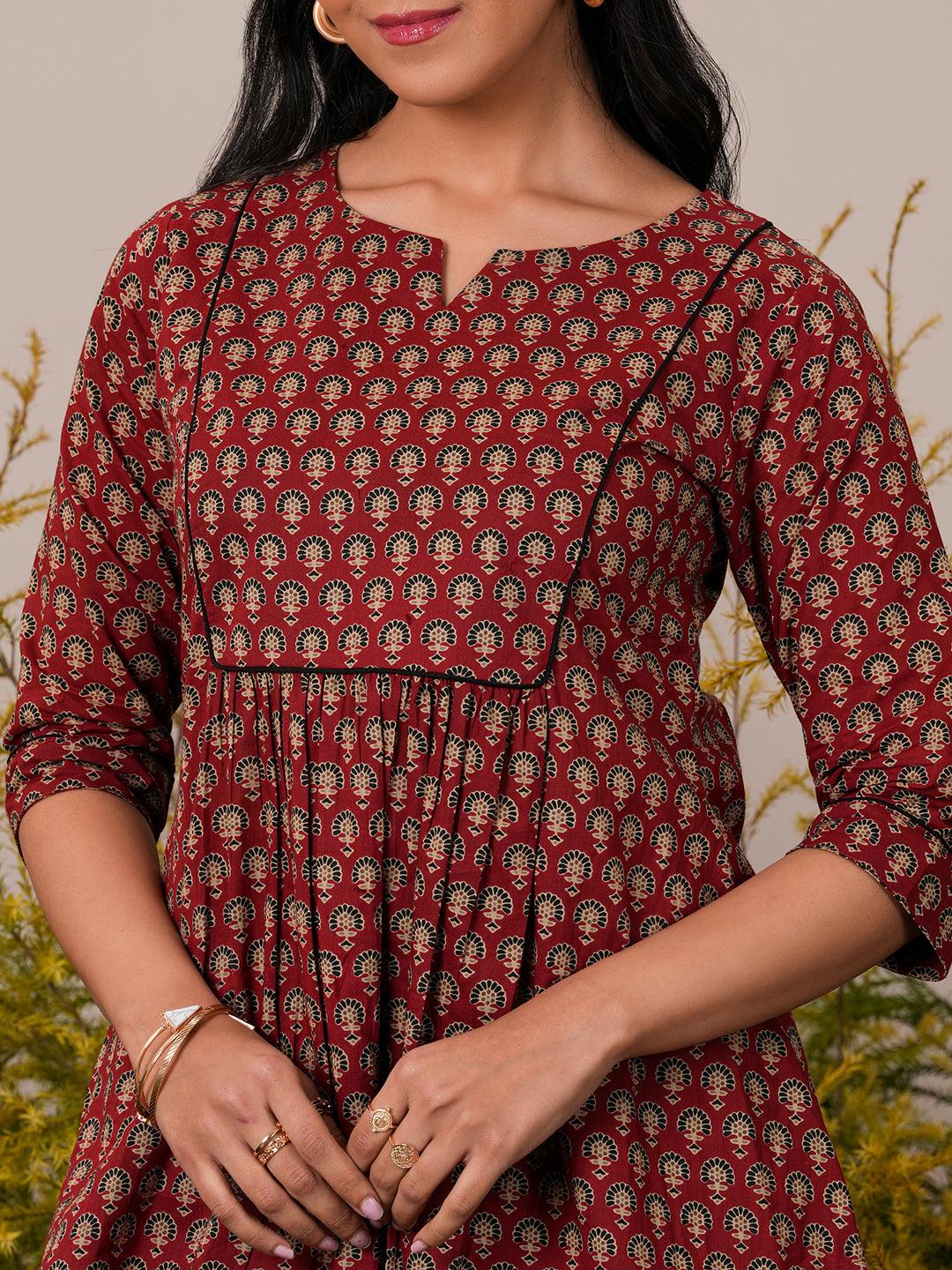 Maroon Printed Cotton A-Line Kurti - Libas 