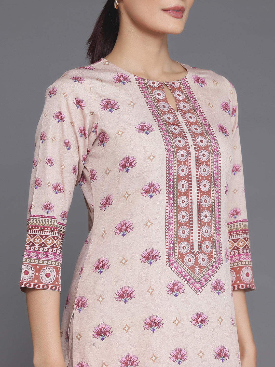 Peach Printed Poly Crepe Straight Suit With Dupatta - Libas