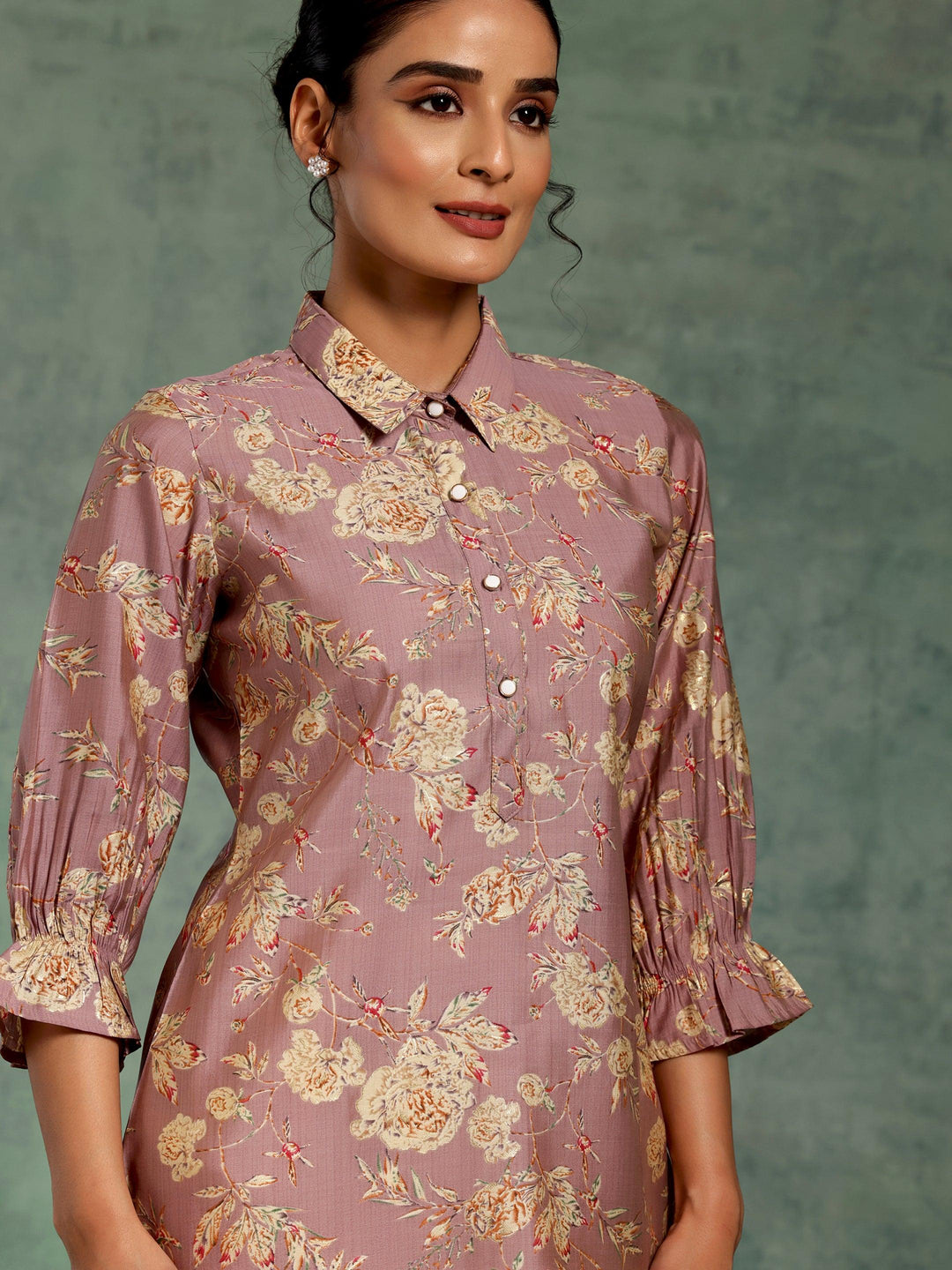 Mauve Printed Silk Blend Straight Kurti - Libas