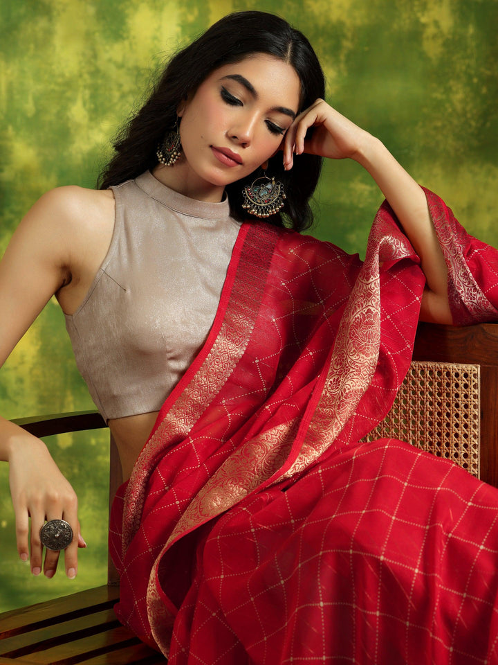 Red Printed Silk Blend Saree With Unstitched Blouse Piece - Libas