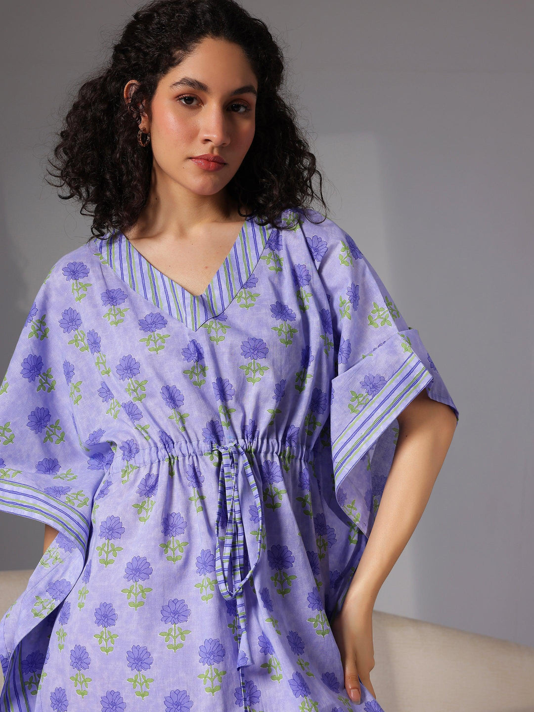 Purple Printed Cotton Kaftan Night Dress - Libas 