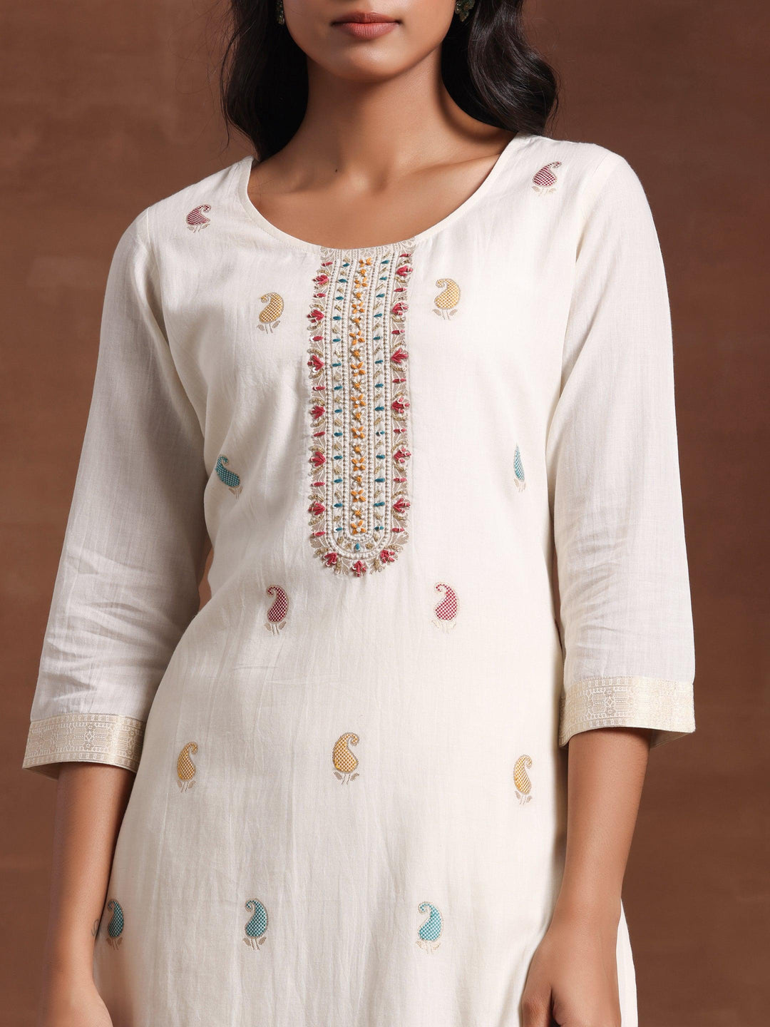 Off White Woven Design Cotton Straight Suit With Dupatta - Libas 