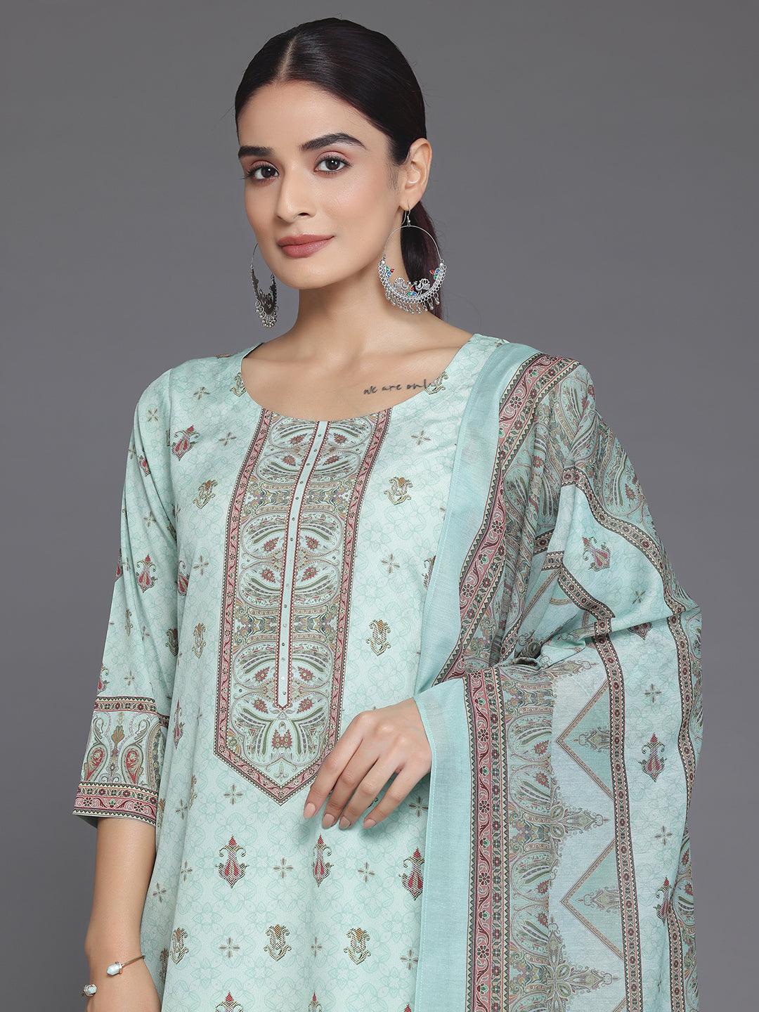 Green Printed Poly Crepe Straight Suit With Dupatta - Libas