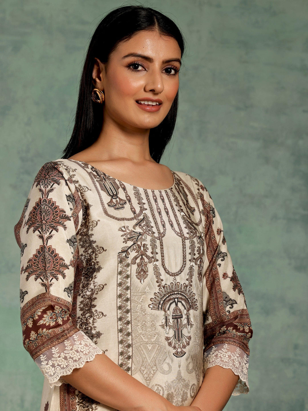 Ivory Printed Silk Blend Straight Suit With Dupatta - Libas 