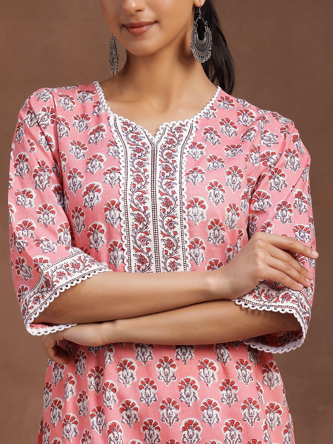 Peach Printed Cotton Straight Kurta With Palazzos - Libas 