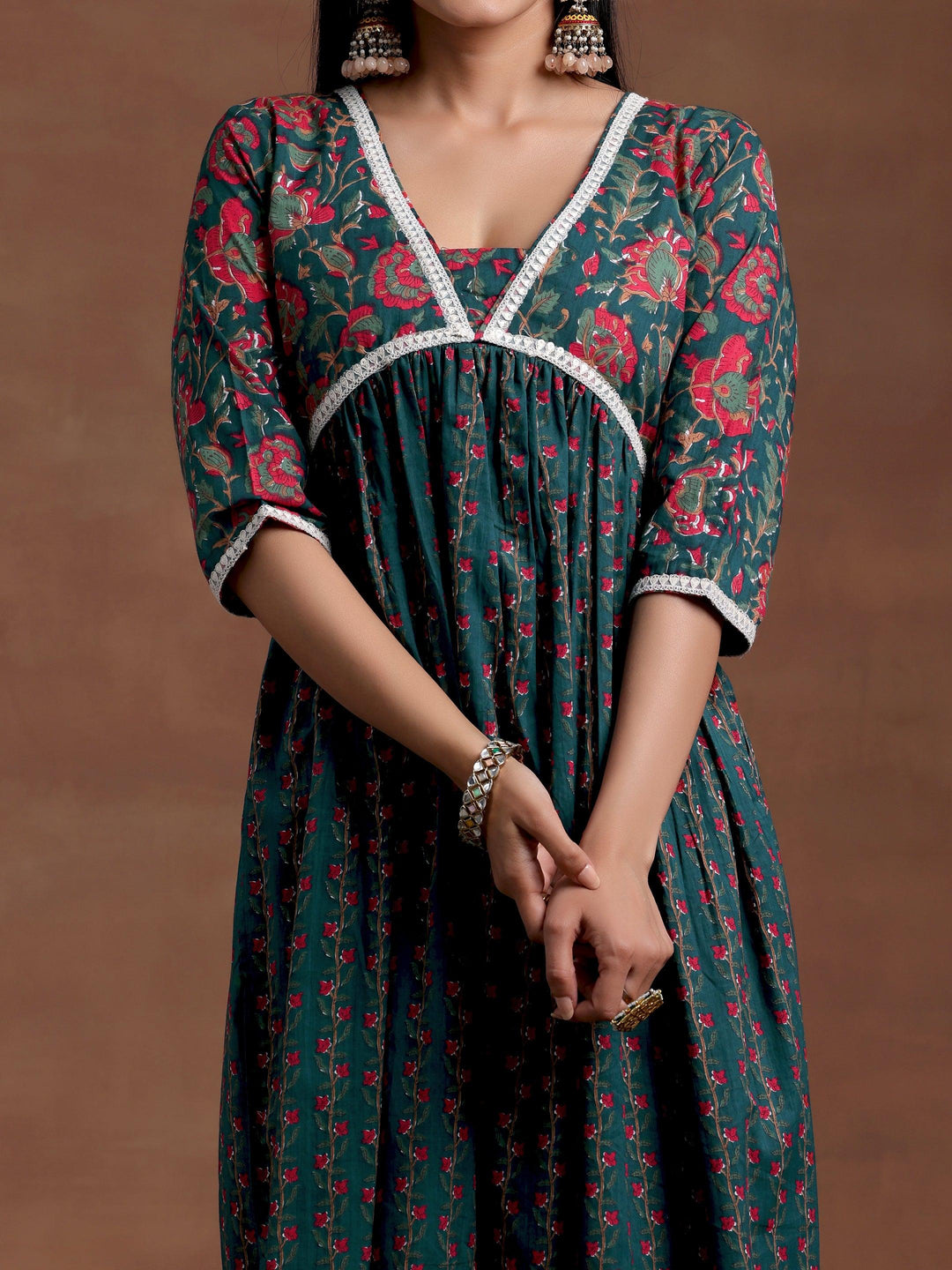 Blue Printed Cotton A-Line Kurta With Palazzos - Libas 