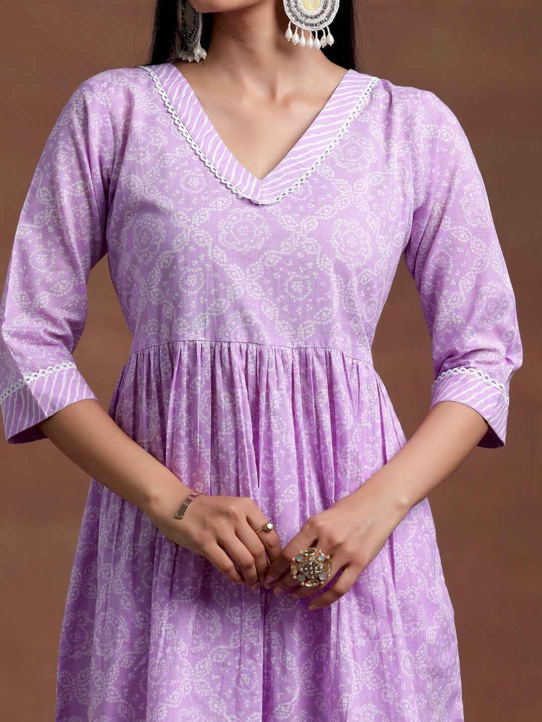 Purple Printed Cotton A-Line Kurta With Sharara & Dupatta - Libas 