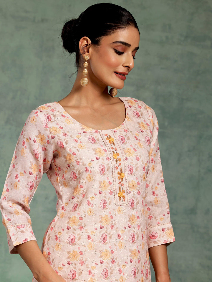 Peach Printed Cotton Straight Suit With Dupatta - Libas