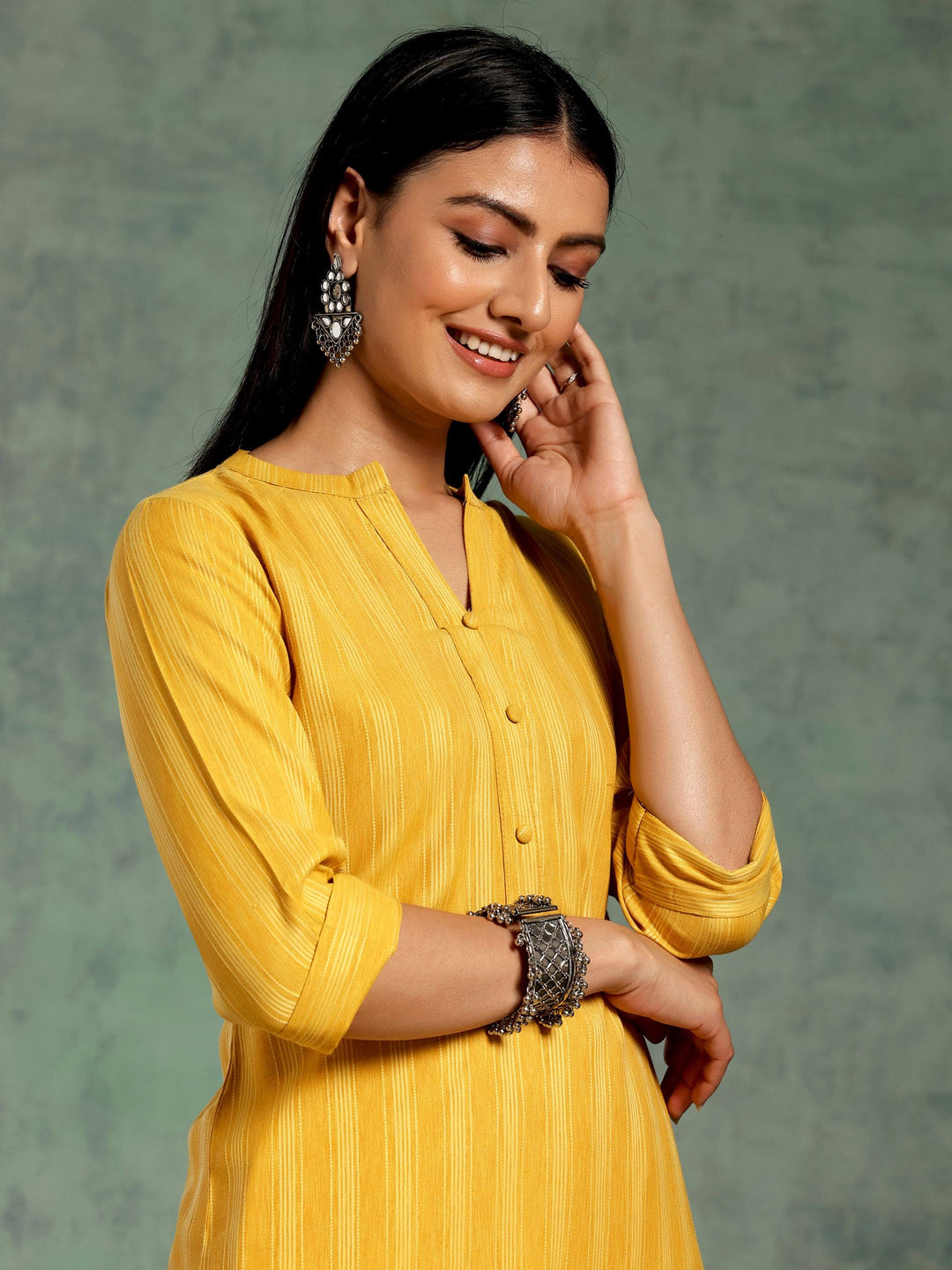 Yellow Woven Design Rayon Straight Kurta - Libas 