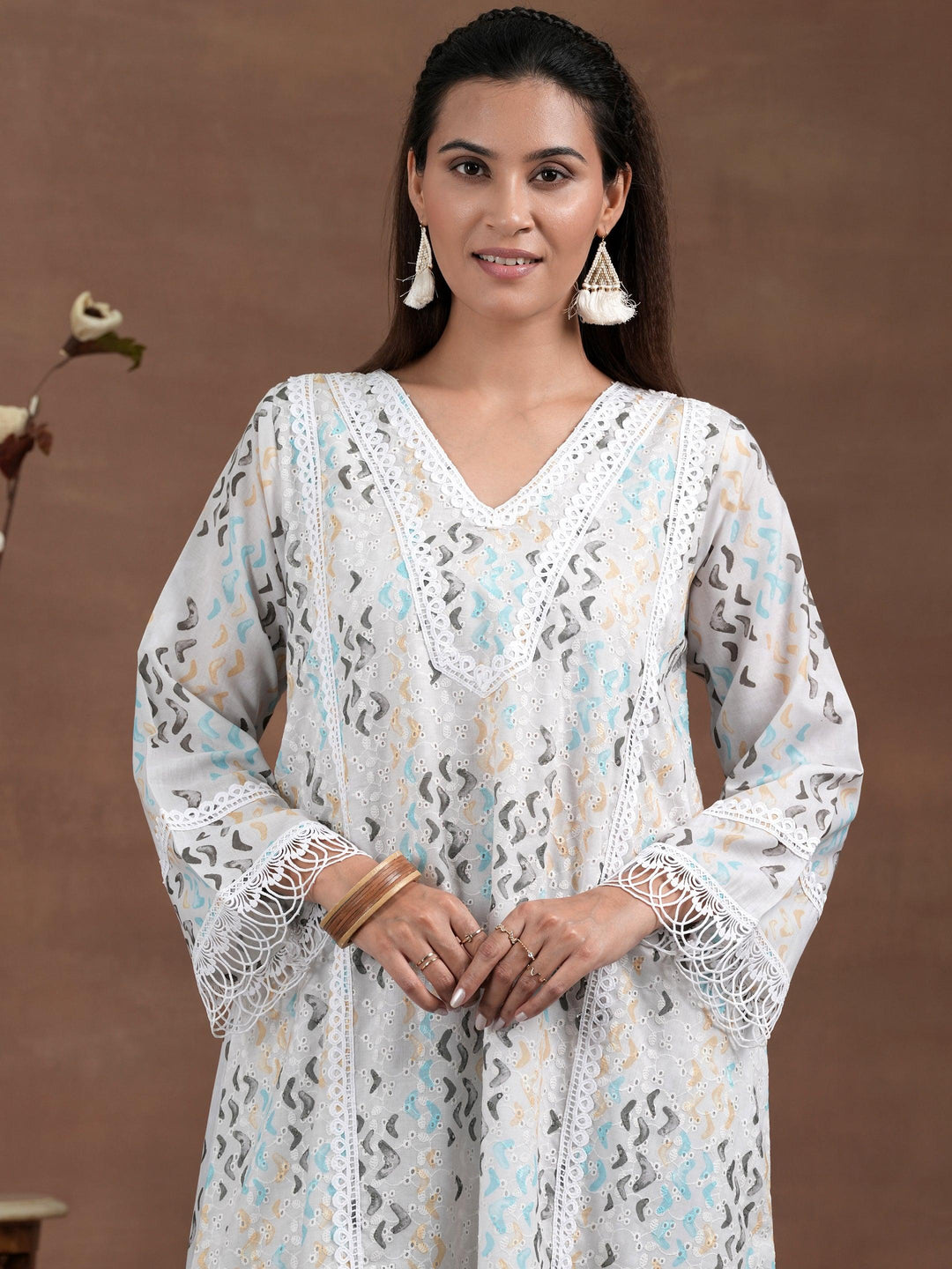 Off white Printed Cotton A-Line Kurta With Palazzos - Libas 