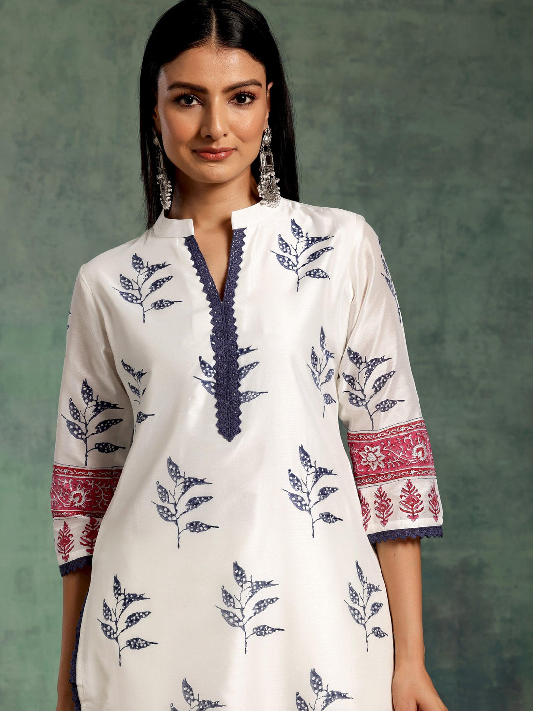 White Printed Chanderi Silk Straight Suit With Dupatta - Libas 