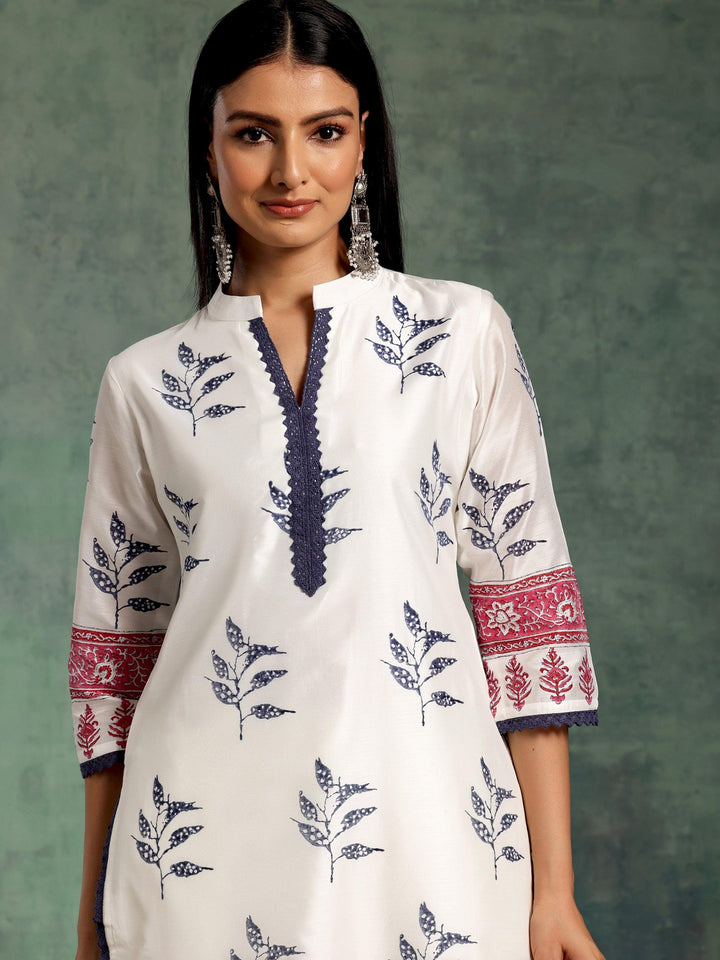 White Printed Chanderi Silk Straight Suit With Dupatta - Libas