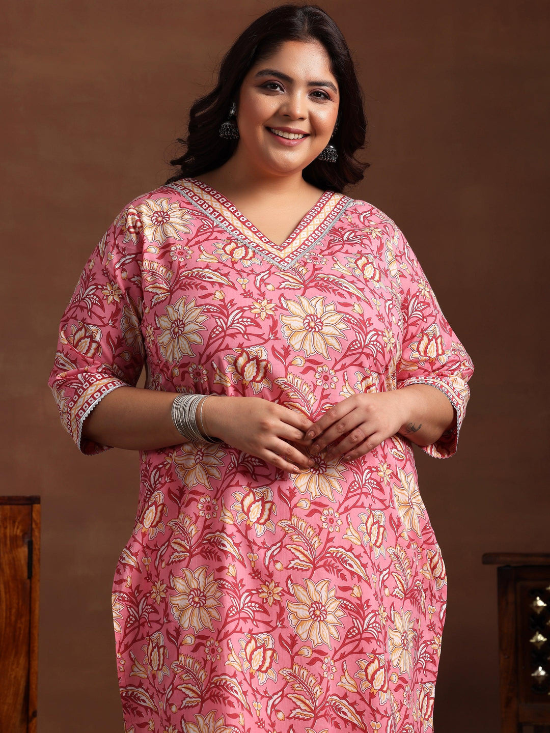 Plus Size Pink Printed Cotton Straight Suit With Dupatta - Libas 