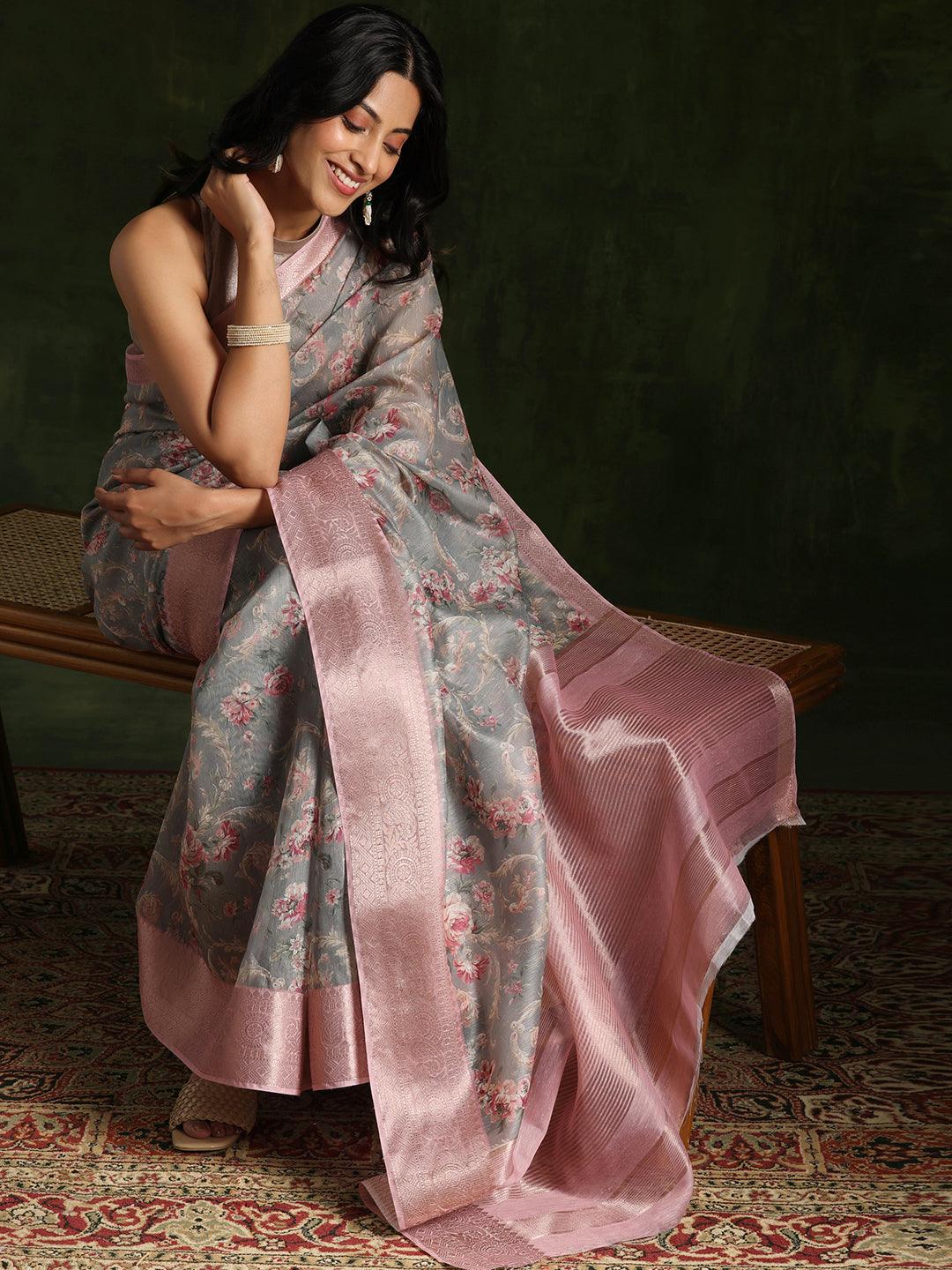 Grey Printed Silk Blend Saree With Unstitched Blouse Piece - Libas