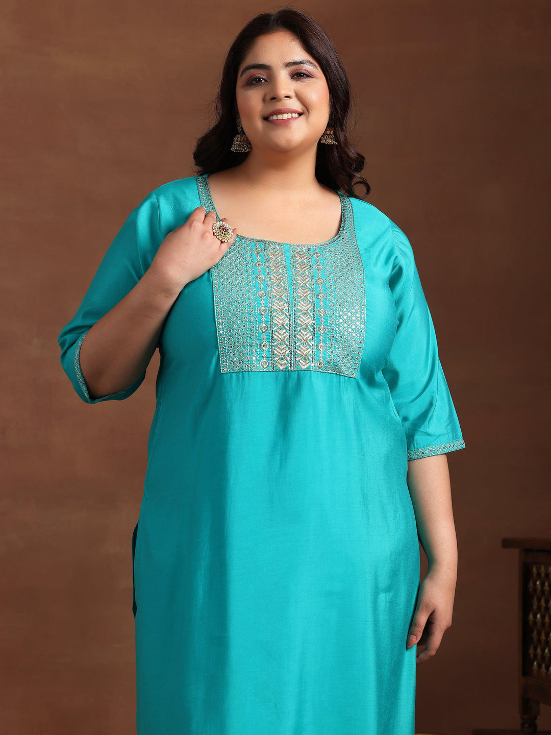 Plus Size Green Yoke Design Silk Blend Straight Suit With Dupatta - Libas 