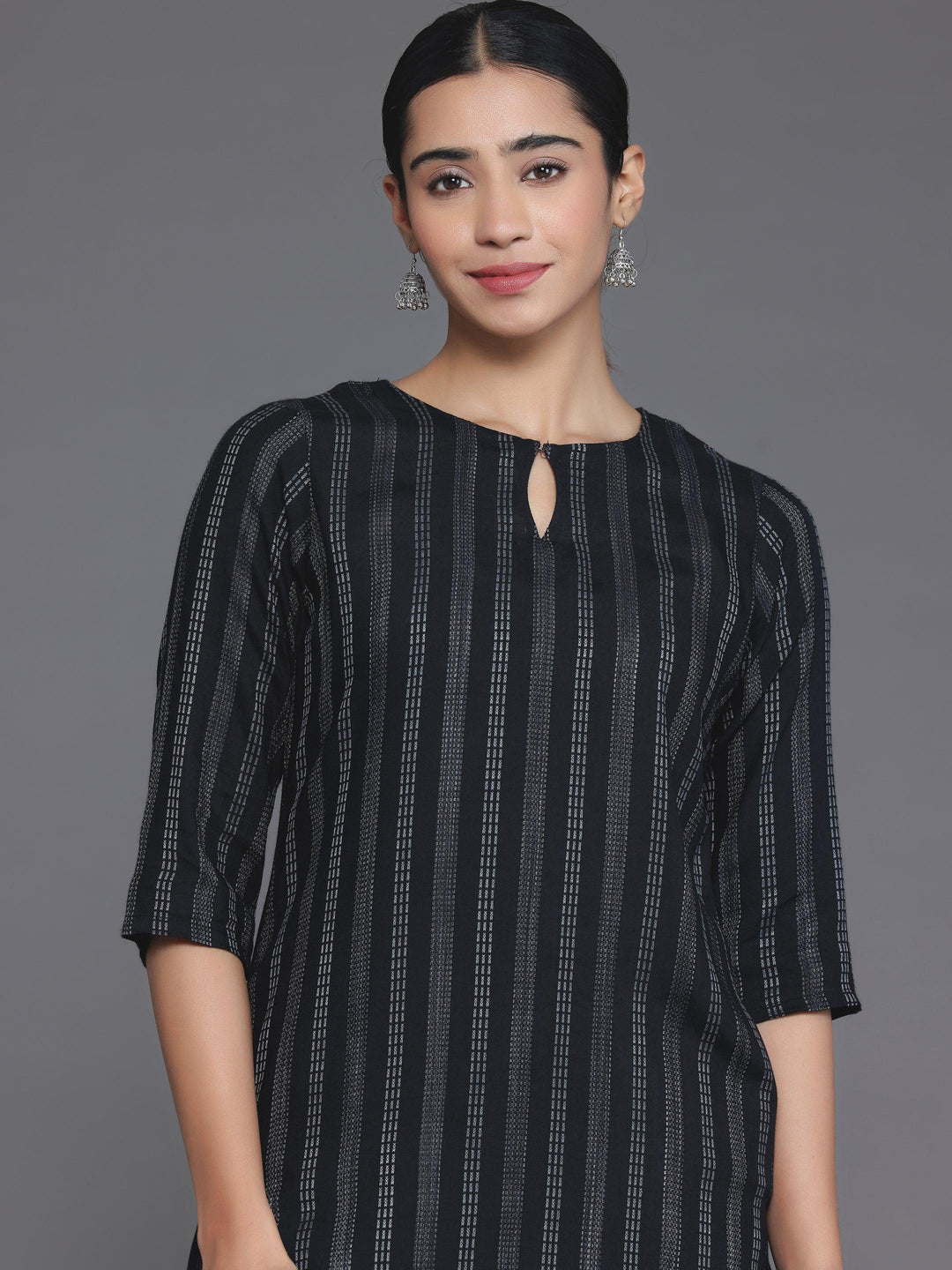 Black Striped Rayon Straight Kurta - Libas 