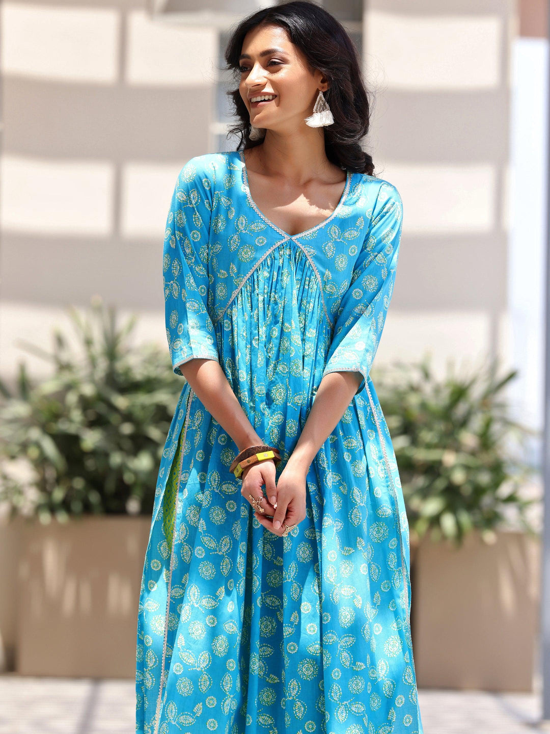 Blue Printed Cotton A-Line Kurta With Palazzos & Dupatta - Libas 