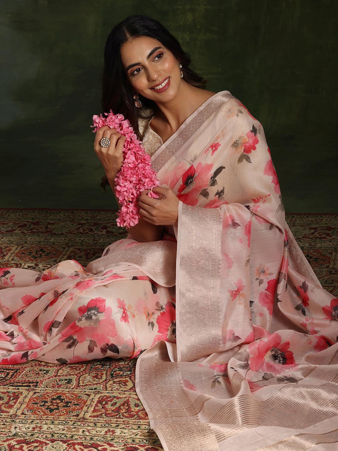 Pink Printed Silk Blend Saree With Unstitched Blouse Piece - Libas