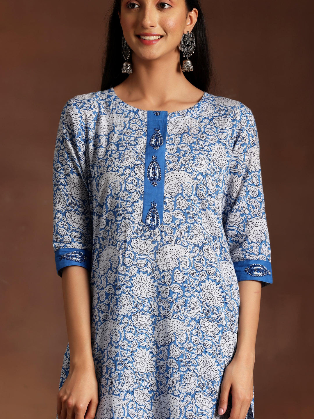 Blue Printed Cotton Straight Suit With Dupatta - Libas