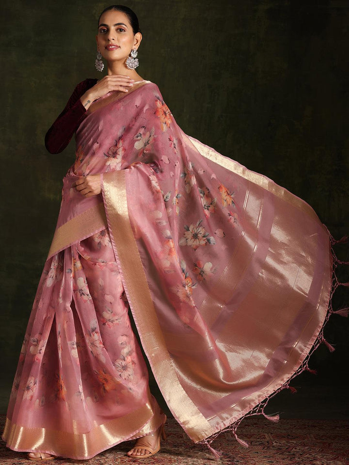 Mauve Printed Organza Saree With Unstitched Blouse Piece - Libas