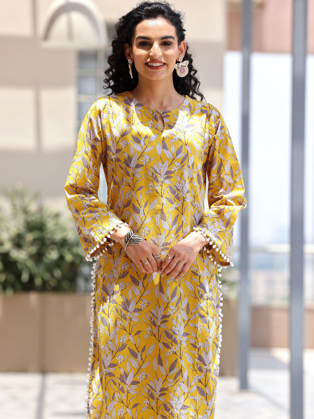 Mustard Printed Cotton Pathani Kurta Set - Libas 