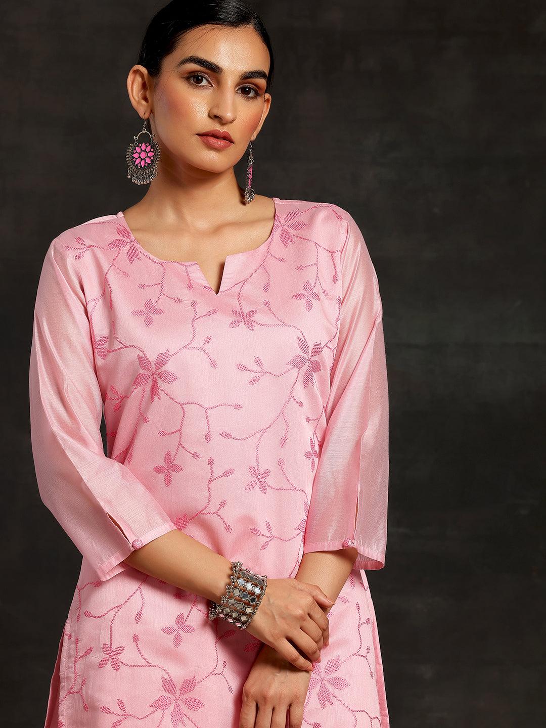 Pink Embroidered Silk Straight Kurta - Libas 