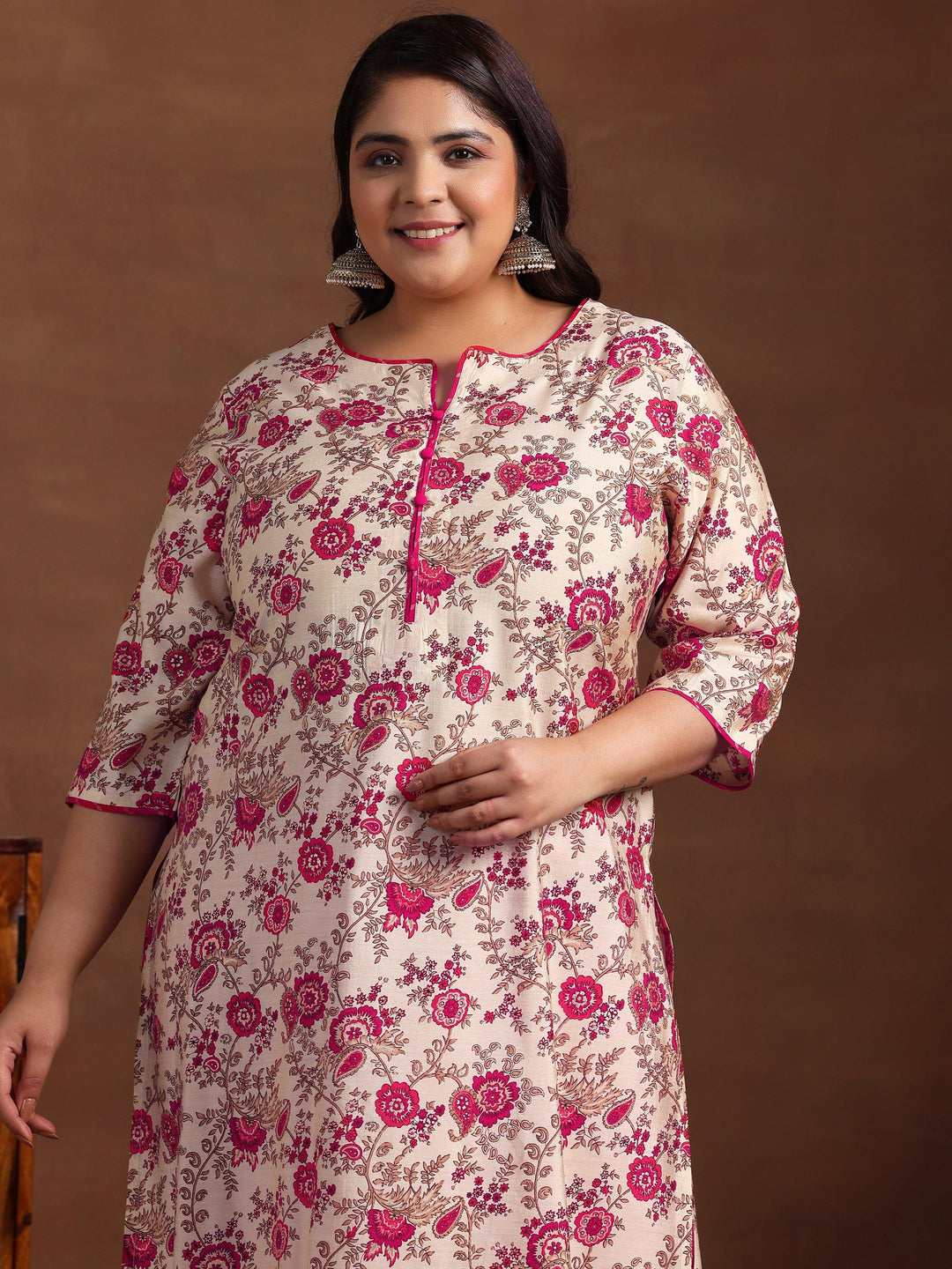 Plus Size Pink Printed Silk Blend Straight Suit With Dupatta - Libas 