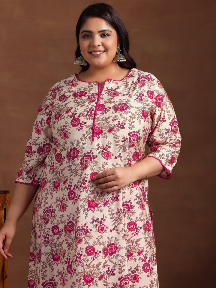 Plus Size Pink Printed Silk Blend Straight Suit With Dupatta - Libas