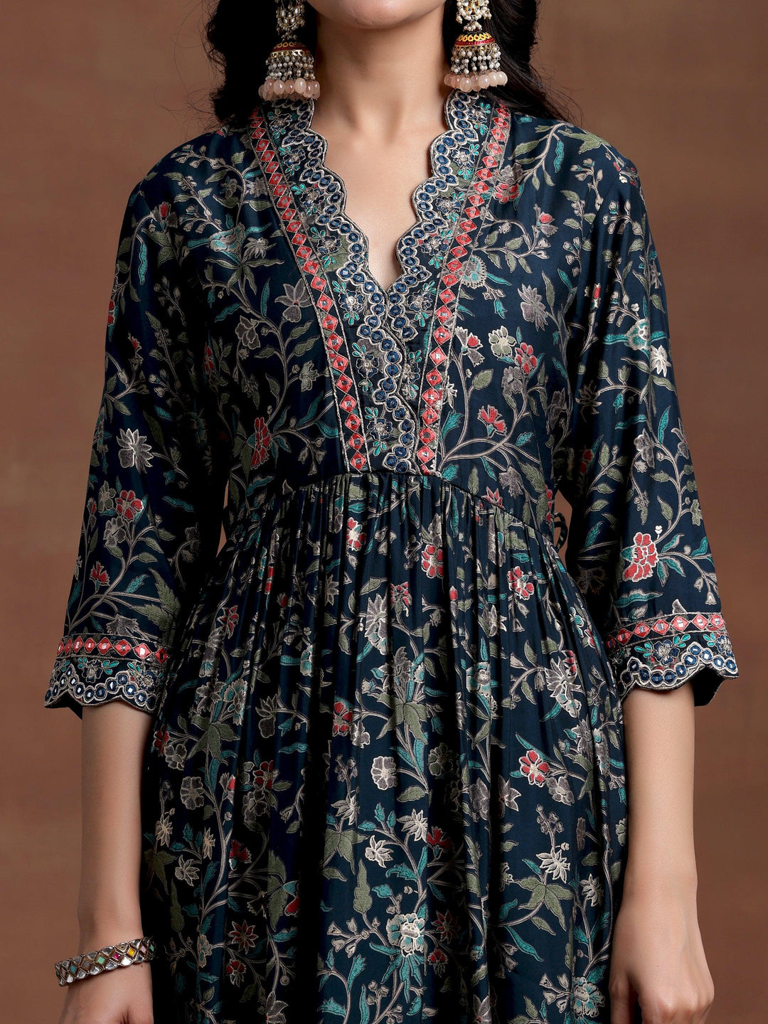 Blue Printed Silk Blend A-Line Kurta With Palazzos & Dupatta - Libas