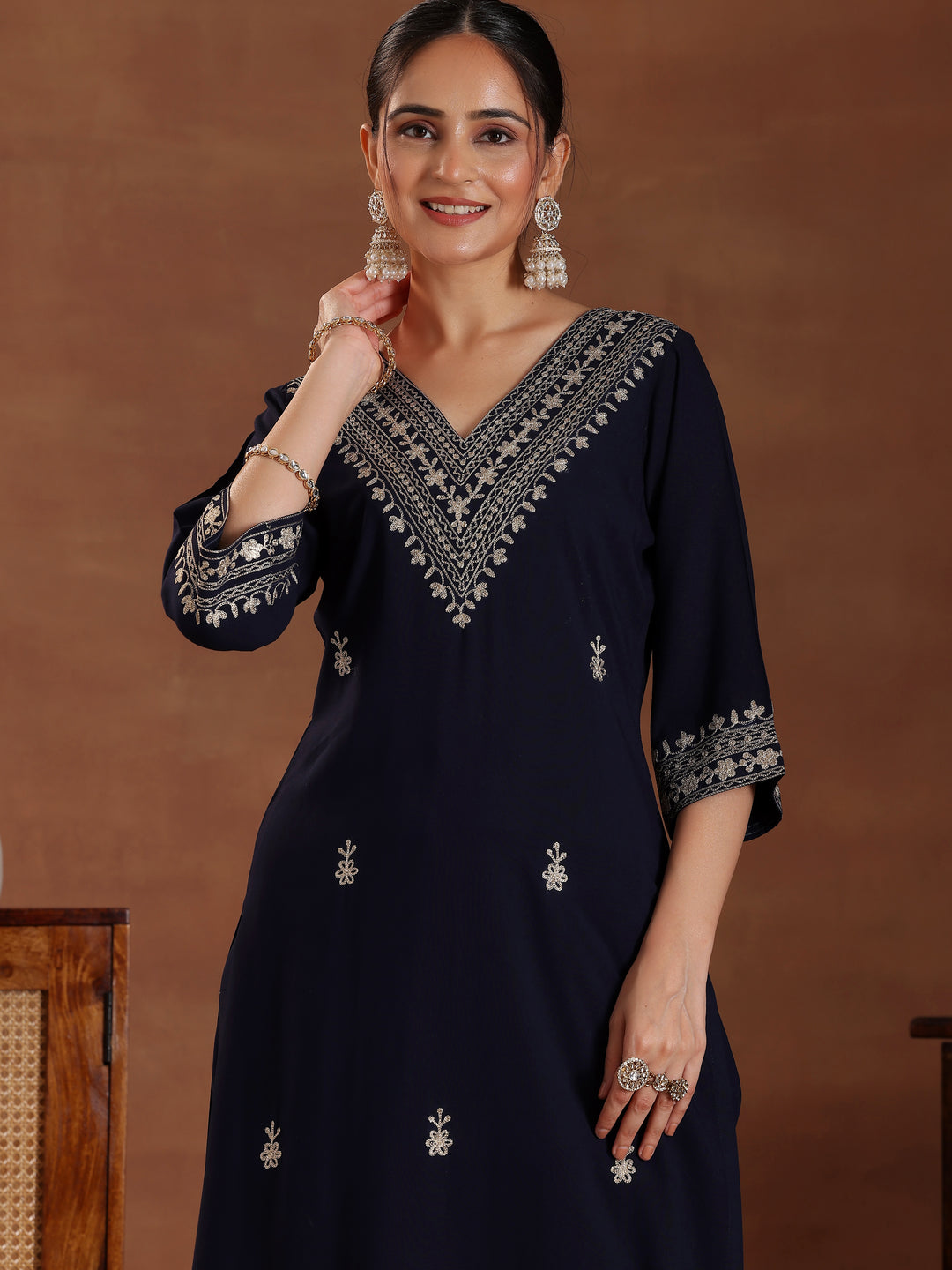  Blue Embroidered Rayon Straight Suit With Dupatta 