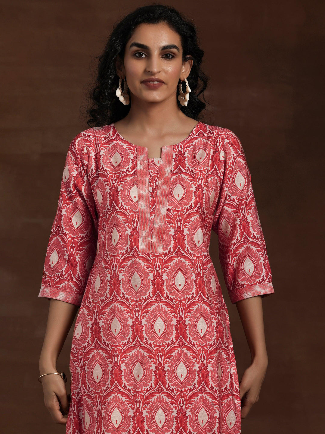 Peach Printed Silk Blend Straight Kurta Set - Libas