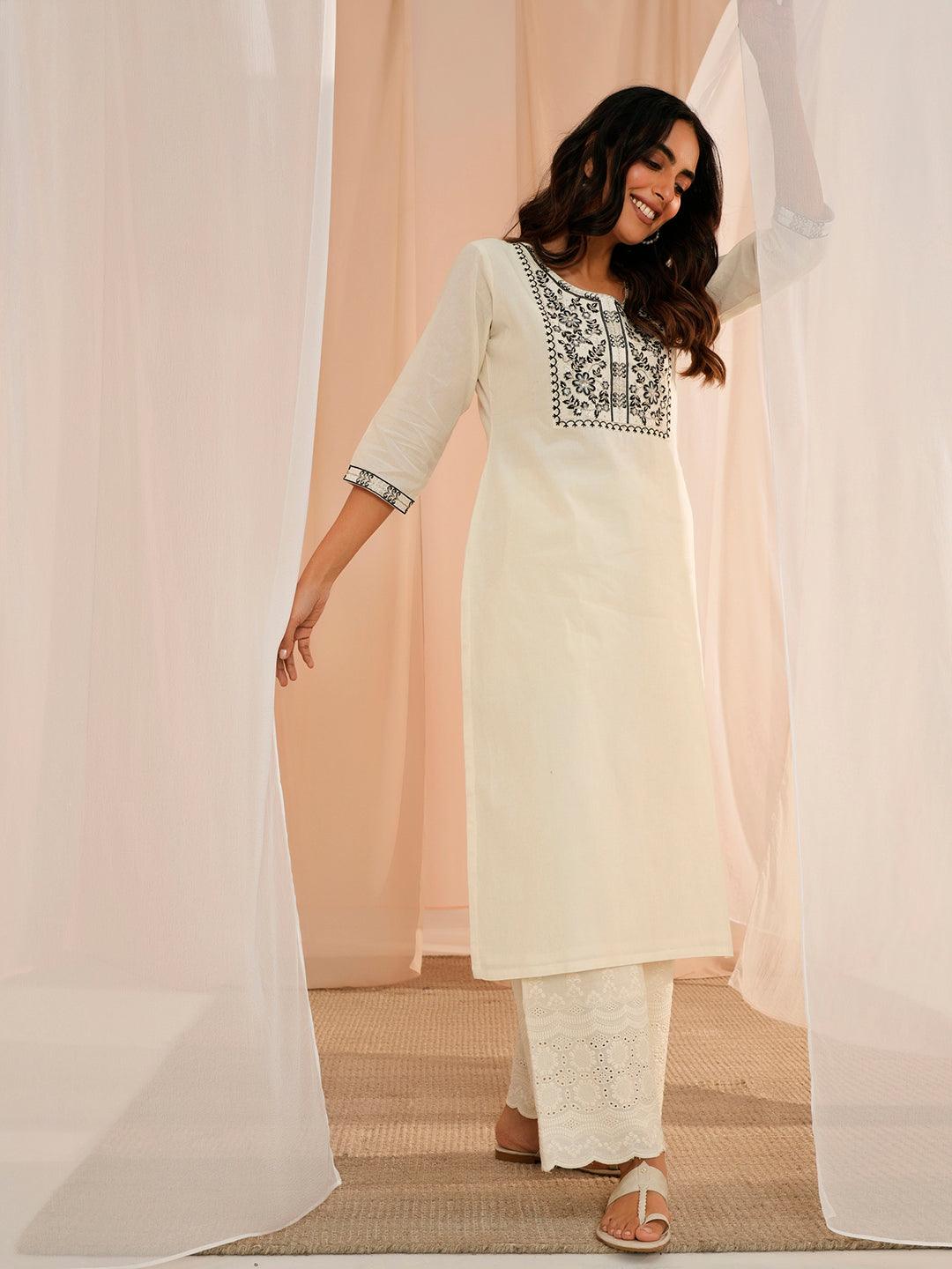 Off White Yoke Design Cotton Straight Kurta - Libas