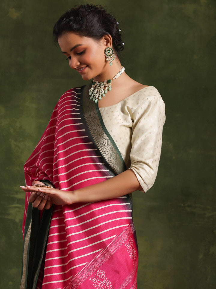 Pink Printed Silk Blend Saree With Unstitched Blouse Piece - Libas