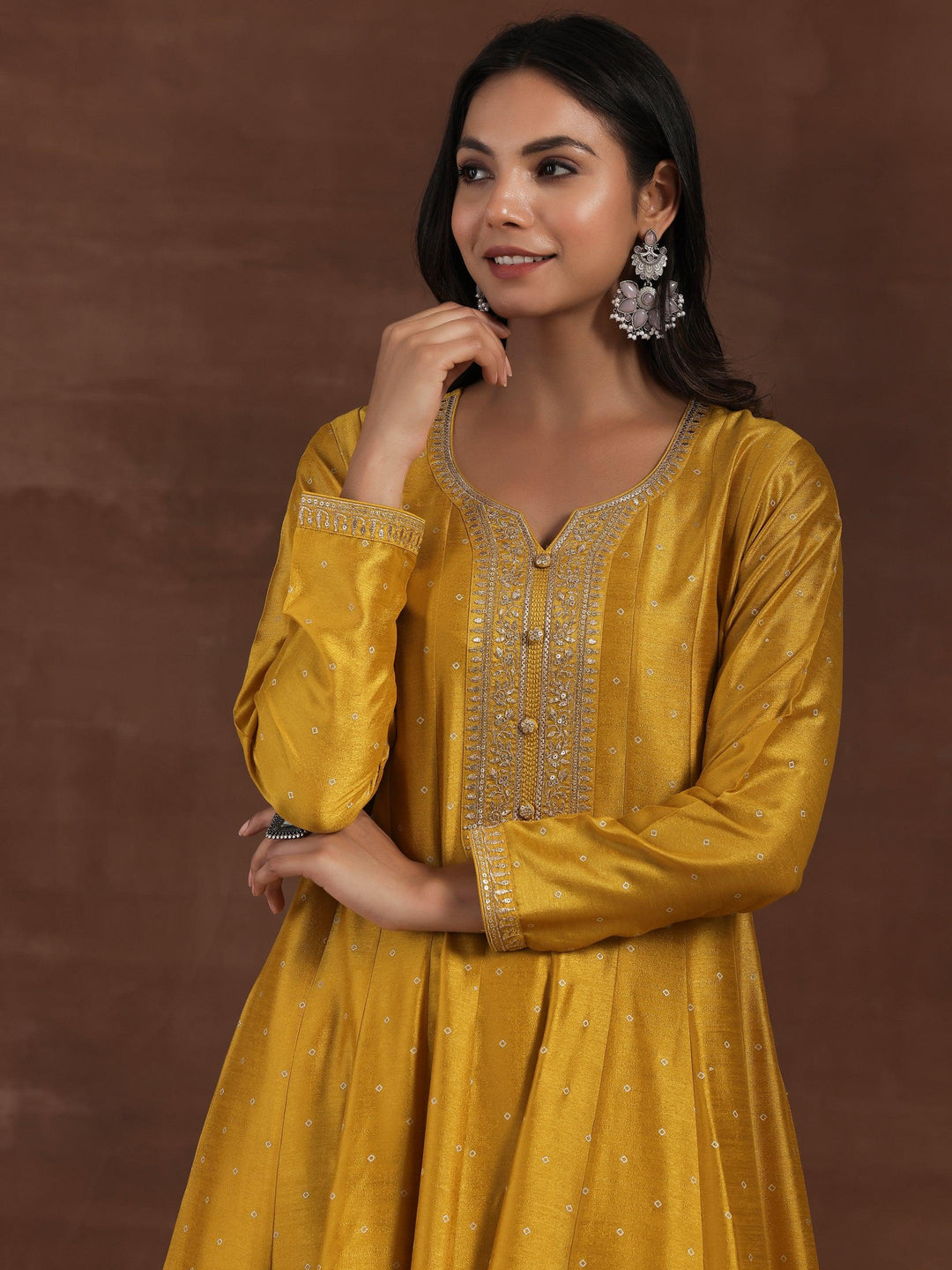 Mustard Embroidered Silk Blend A-Line Kurta With Palazzos & Dupatta - Libas 