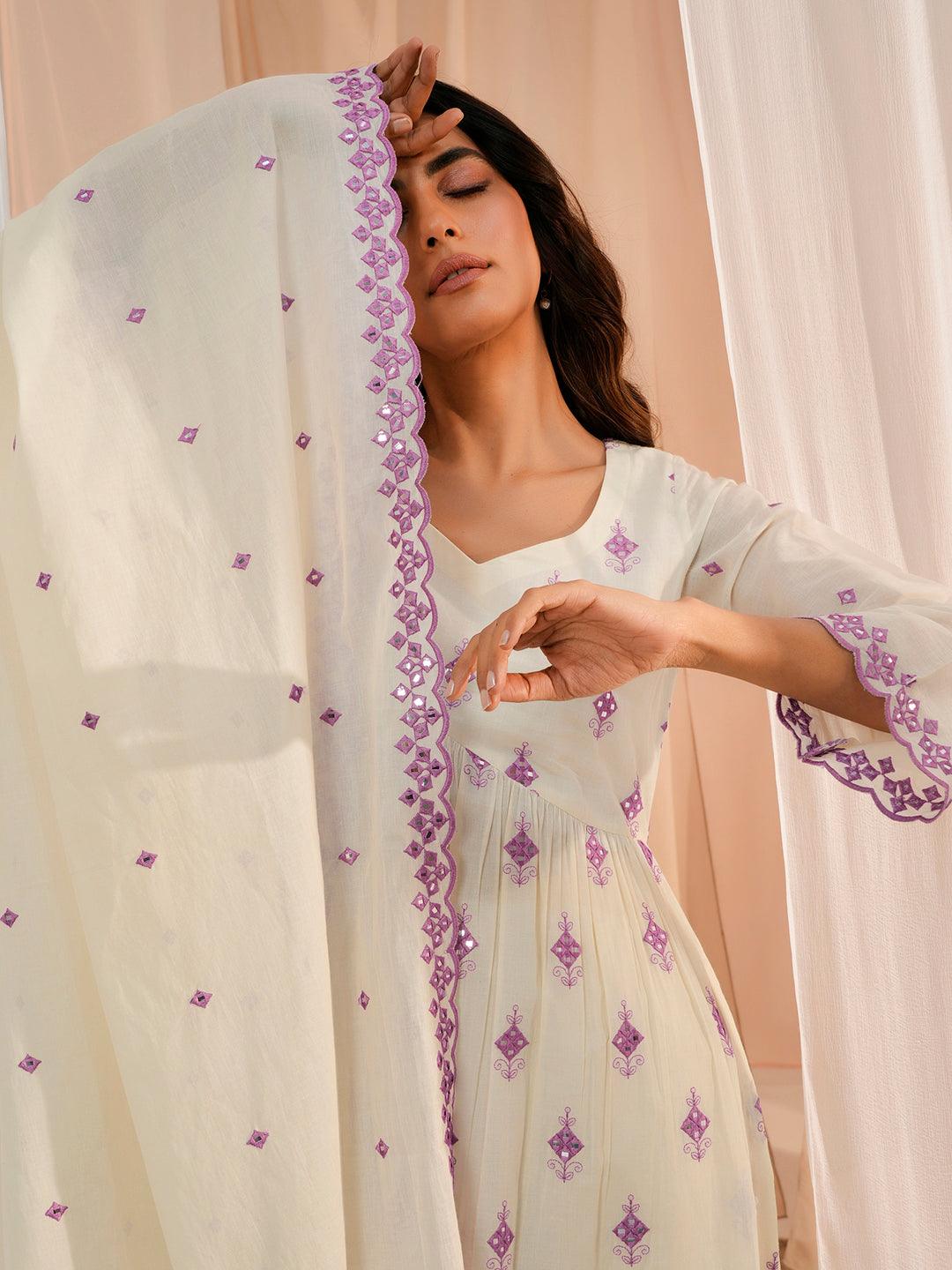 Off White Embroidered Cotton Anarkali Suit With Dupatta - Libas