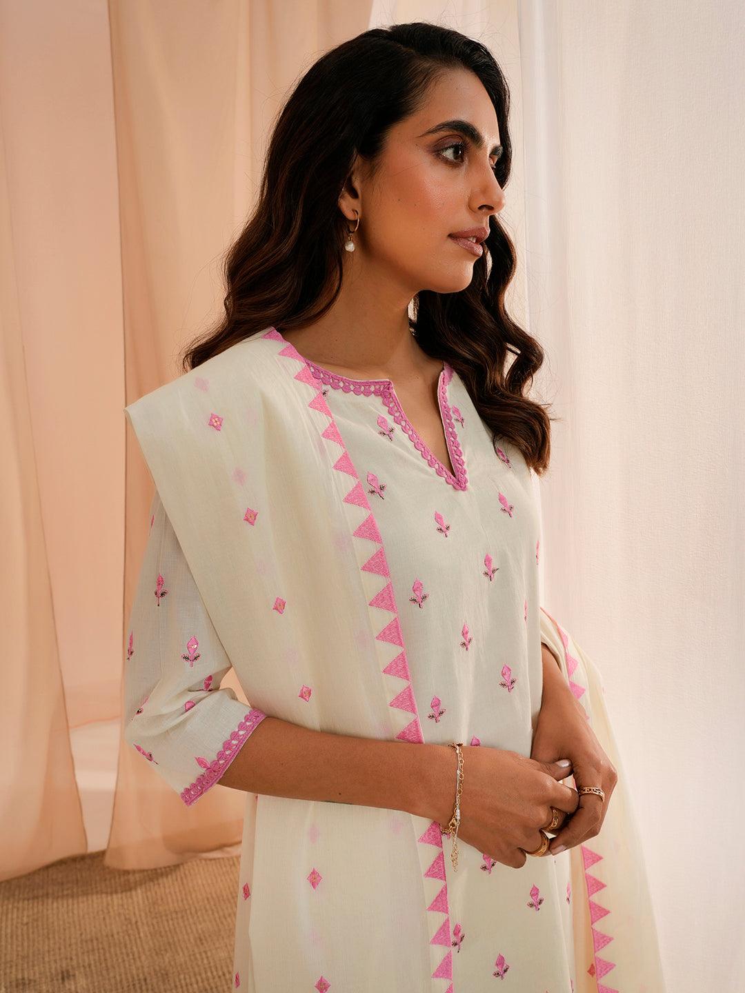 Off White Embroidered Cotton Straight Suit With Dupatta - Libas